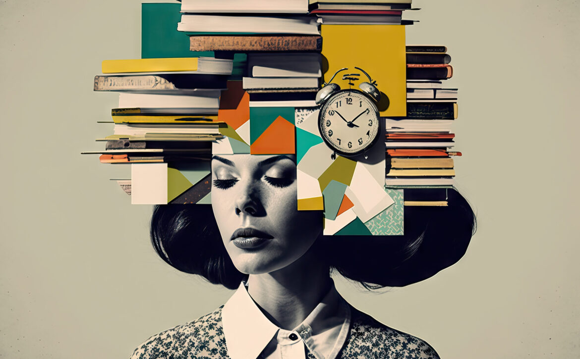 Tired woman with a stack of books, chaos of papers and clock on his head, concept of time management, baggage of knowledge, chronic fatigue and overwork, cyber hygiene, contemporary art collage, modern design, Generative AI