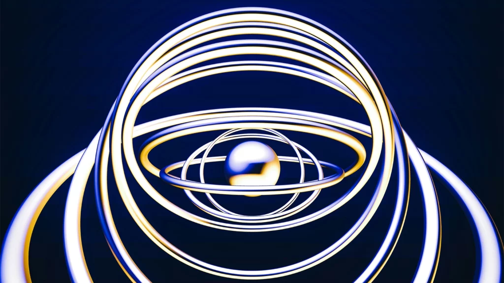 Abstrakte 3D-Darstellung einer metallischen Kugel, umkreist von leuchtenden, konzentrischen Ringen auf dunkelblauem Hintergrund – futuristisches oder wissenschaftliches Designmotiv.